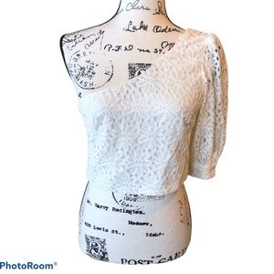 Topshop single puff sleeve floral lace crop blouse